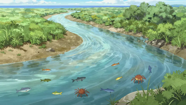 Visual representation of "tidewater" - A geographical region characterized by the convergence of freshwater and saltwater, typically along coasts or estuaries.