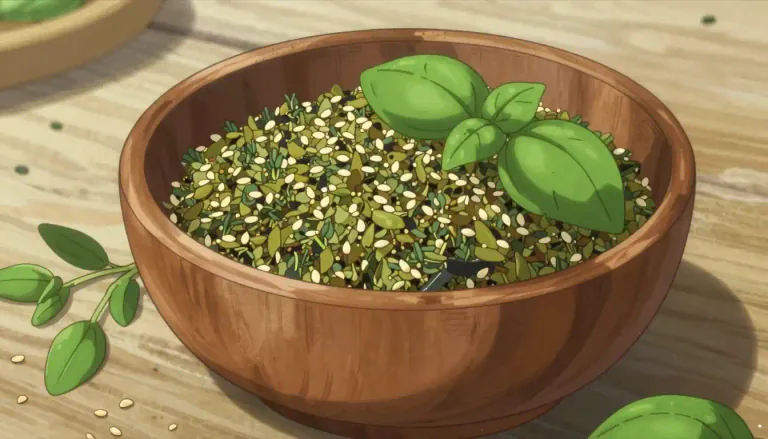 Visual representation of "za'atar" - Za'atar is a Middle Eastern herb blend that typically includes thyme, oregano, basil, and sesame seeds, often used to season breads and meats.