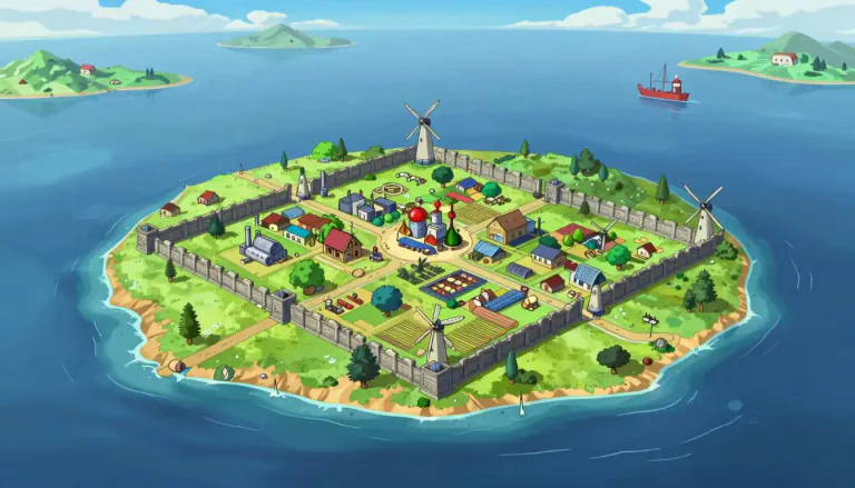Visual representation of "autarchy" - A system in which a country or place is fully self-sufficient, depending on its own resources rather than trading with others.