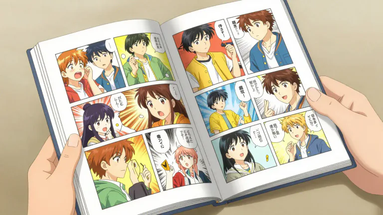 Visual representation of "manga" - A style of comic originating from Japan, typically characterized by colorful illustrations and complex stories, appealing to various audiences.
