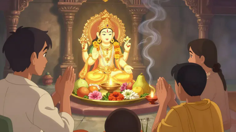 Visual representation of "pooja" - Pooja is a religious ritual performed in Hinduism where devotees worship deities, often involving offerings and prayers.