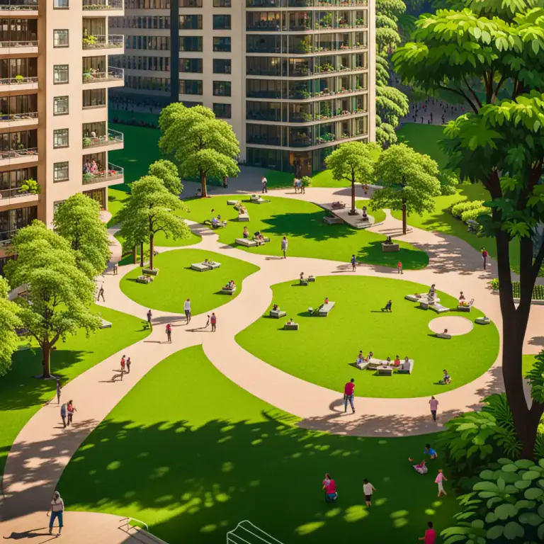 Visual representation of "green" - A lush, open area covered with plants or grass, often in a city