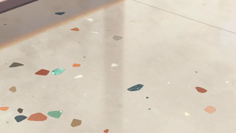 Visual representation of "terrazzo" - A type of durable flooring material created by embedding small pieces of marble, glass, or stone in a cement base, polished to a high gloss.