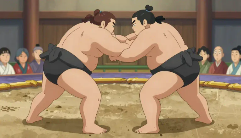 Visual representation of "sumo" - A type of heavy weight wrestling in Japan where two wrestlers fight in a circular ring.