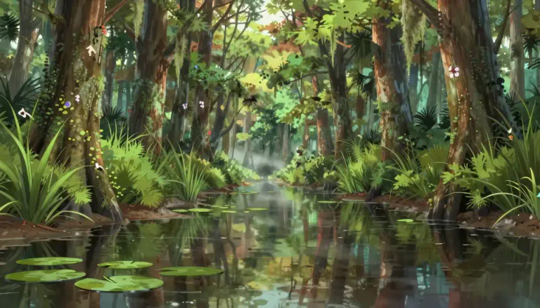 Visual representation of "bayou" - A small, slow-moving body of water like a river or stream, commonly found in the Southern United States, especially in the region of Louisiana.