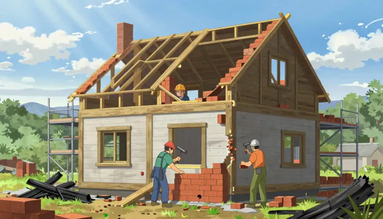 Visual representation of "rebuild" - To build something again after it has been damaged or destroyed.