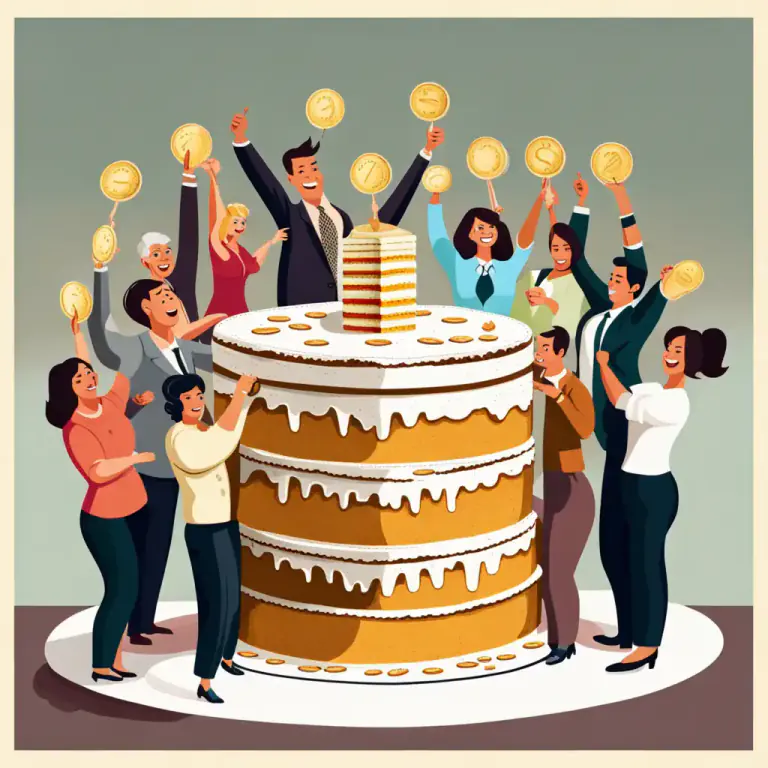Visual representation of "a slice/share of the cake" - A portion of the money or benefits that are being divided among people