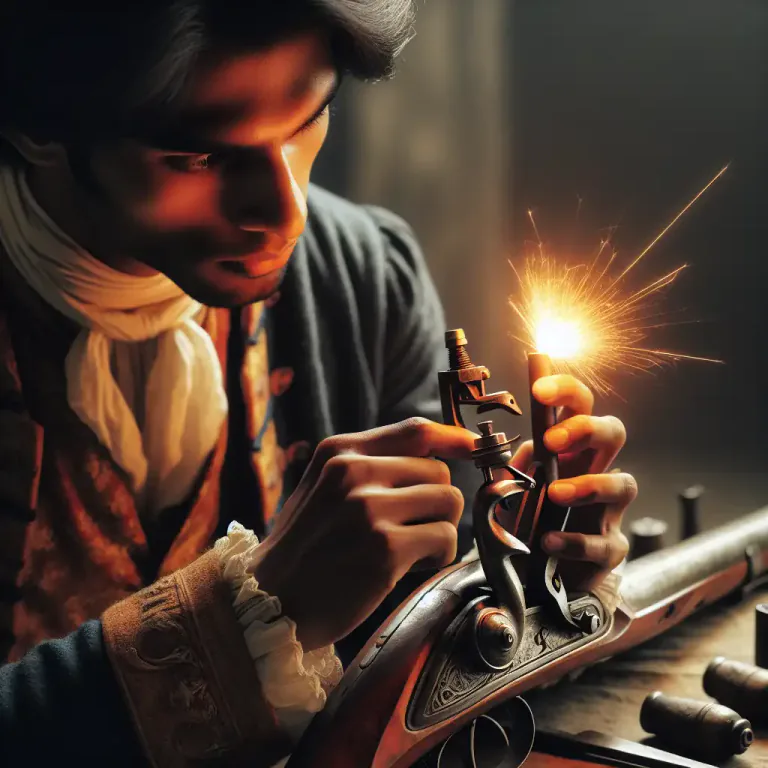 Visual representation of "flintlock" - A mechanism in such guns that creates a spark from a flintstone to fire the gun.