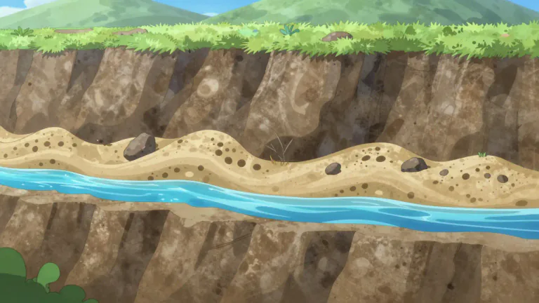Visual representation of "aquifer" - A layer of rock or sediment that can hold water and allow it to flow.