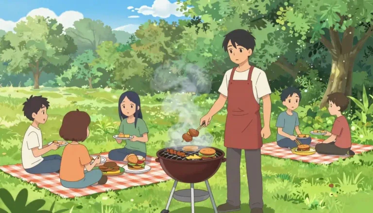 Visual representation of "cookout" - A cookout is a casual outdoor meal where food, usually grilled, is cooked and served, often accompanied by gatherings of family and friends.