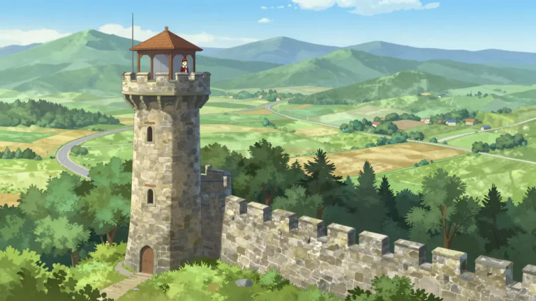 Visual representation of "watchtower" - A tall building or tower that gives a wide view, used for watching for enemies or danger.