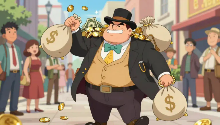 Visual representation of "moneybags" - A wealthy person, often one who is considered to be flaunting their wealth.