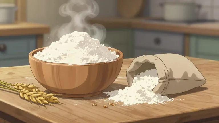 Visual representation of "flour" - A fine powder made from grain, usually wheat, and used to make bread, cake, and other food products.
