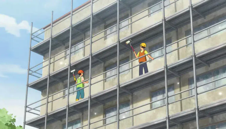 Visual representation of "scaffold" - A temporary structure used by workers while building, repairing, or painting a big structure or building.