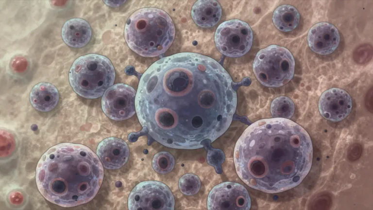 Visual representation of "anaplastic" - Relating to cells that have lost the characteristics of normal differentiated cells, often used to refer to a type of cancerous or tumor cells that are undifferentiated.
