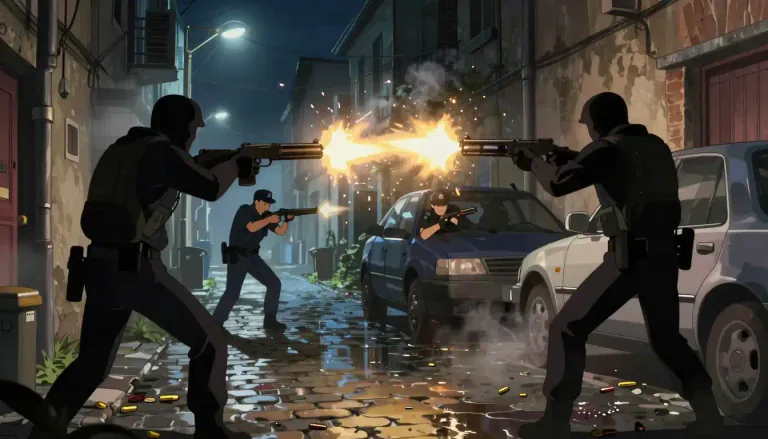 Visual representation of "gunplay" - The act of using firearms, particularly during a violent confrontation.