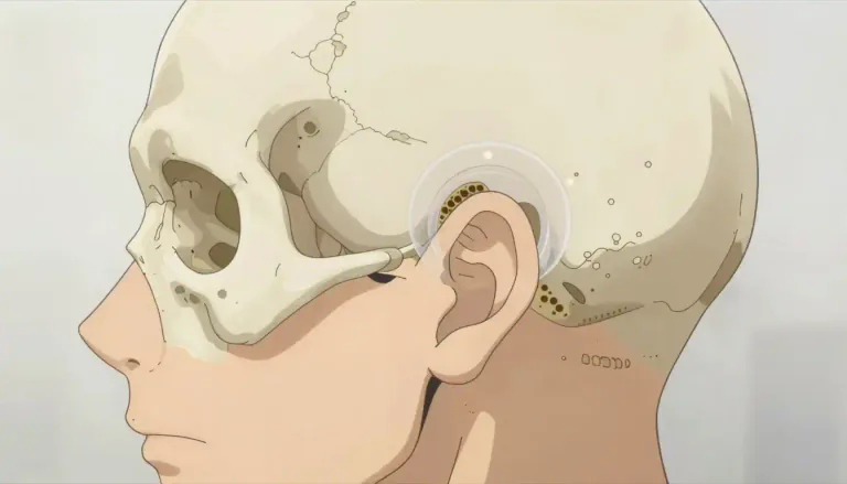 Visual representation of "mastoid" - The mastoid is a rounded projection of the temporal bone of the skull, located behind the ear, that contains air spaces.