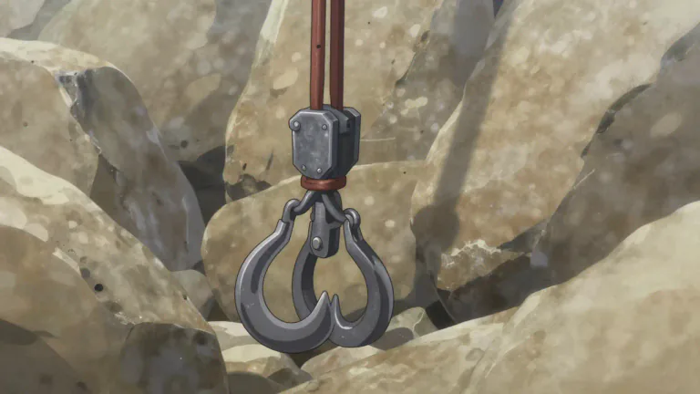 Visual representation of "grapple" - A device with several hooks for grasping and lifting heavy objects