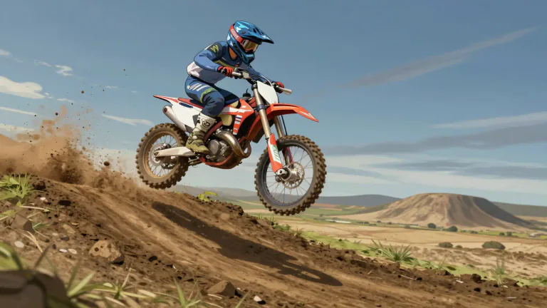 Visual representation of "motocross" - A type of motorcycle racing on rough ground, with many jumps.