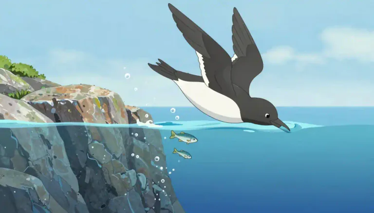 Visual representation of "murre" - A murre is a type of seabird that typically lives near coastal areas and is known for its ability to dive underwater to catch fish.