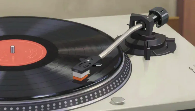 Visual representation of "tonearm" - A tonearm is a component of a turntable that holds the stylus and enables it to track the grooves of a vinyl record.