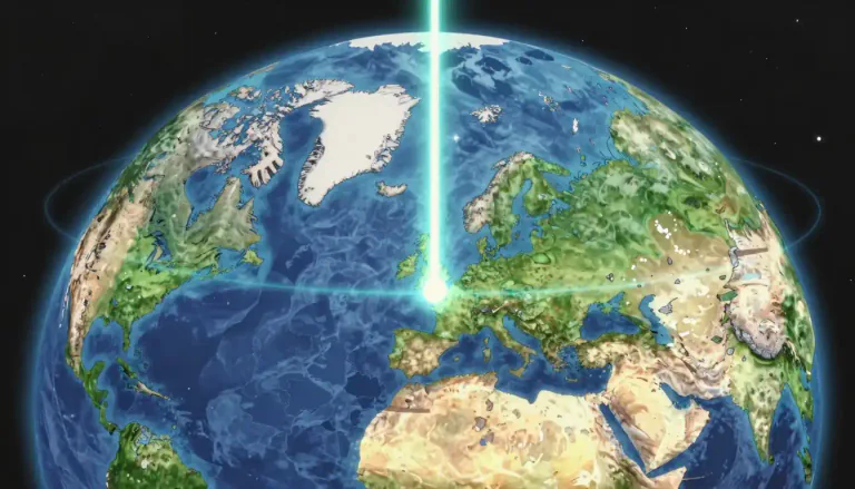 Visual representation of "meridian" - An imaginary line that connects the North and South Pole passing through any place on earth