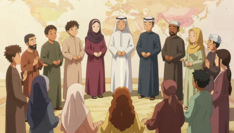 Visual representation of "umma" - In Islamic terminology, 'umma' refers to the collective community of Muslims around the world, bound together by their faith and beliefs.