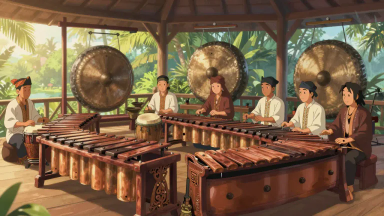 Visual representation of "gamelan" - A traditional musical ensemble from Indonesia, featuring a variety of instruments such as metallophones, drums, and gongs.
