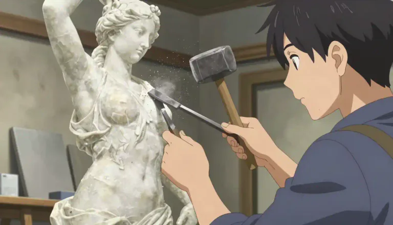 Visual representation of "sculpt" - To create or shape a figure or design by cutting or carving a hard material like stone or wood