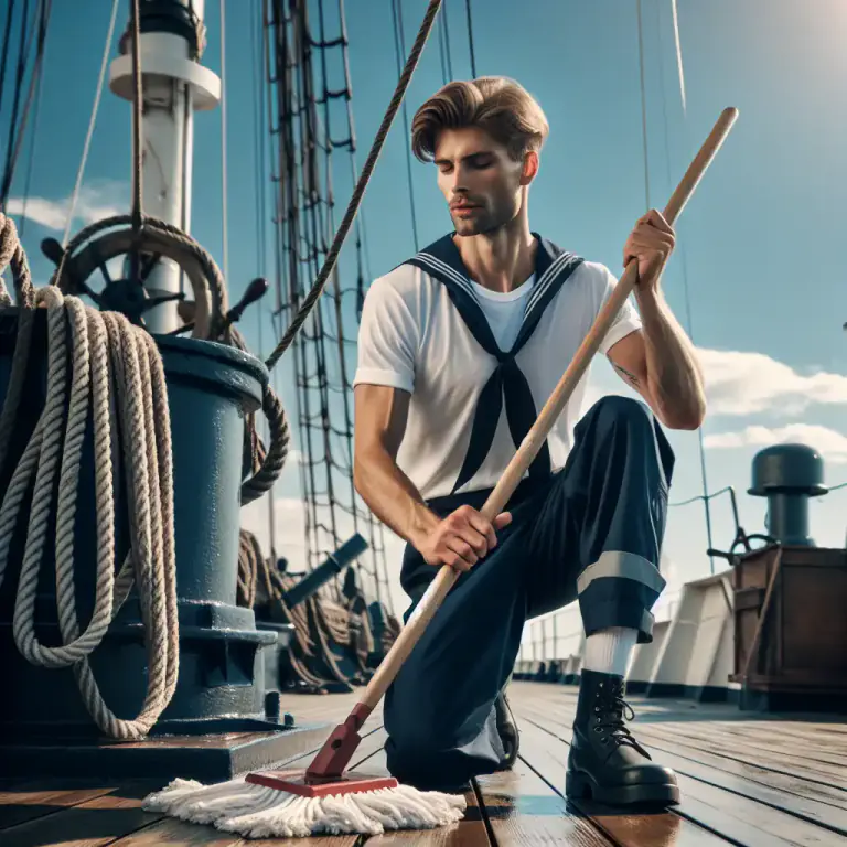 Visual representation of "swab" - A long handled mop used to clean the deck of a ship