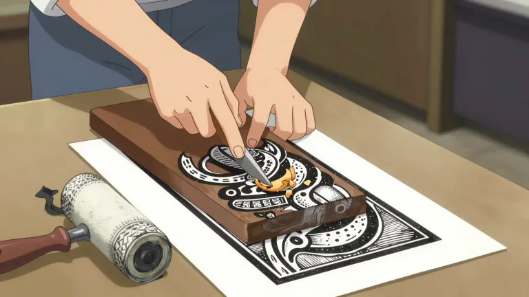 Visual representation of "linocut" - A linocut is a print made from a design carved into a linoleum surface.