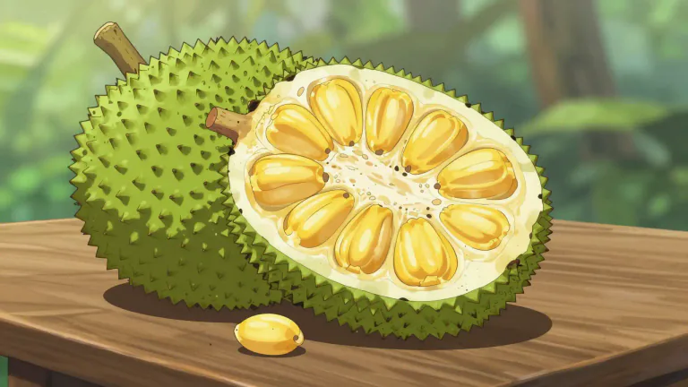 Visual representation of "jackfruit" - Jackfruit is a large tropical fruit with a spiky outer skin and sweet, fibrous flesh, commonly found in South and Southeast Asia.