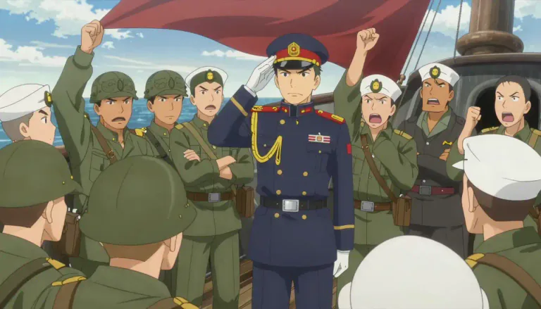 Visual representation of "mutiny" - An open rebellion against the proper authorities, especially by soldiers or sailors against their officers.