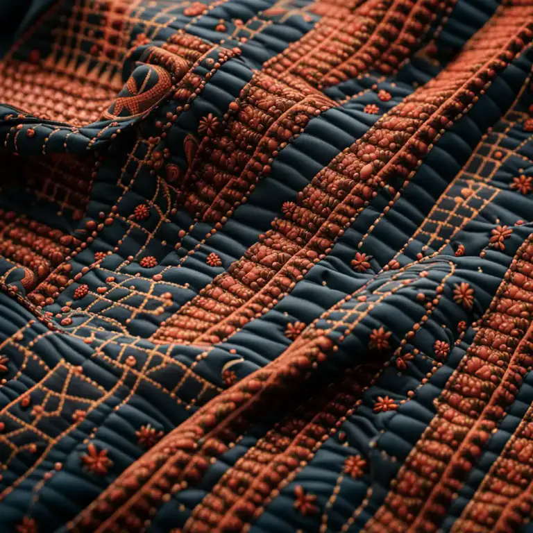 Visual representation of "quilt" - A printed pattern on fabric that looks like the stitching of a quilt.