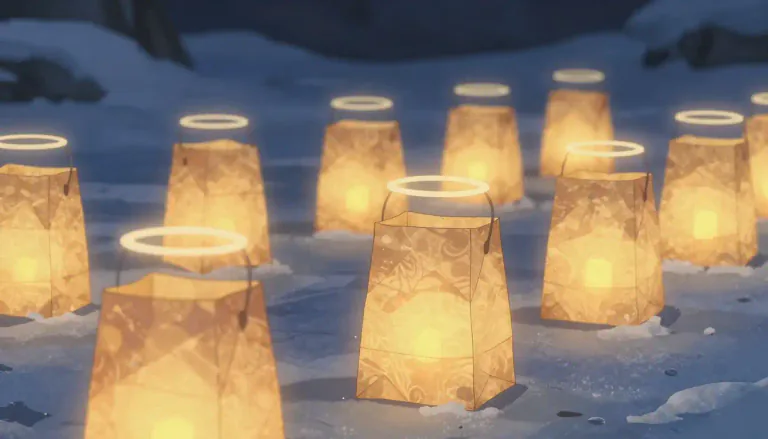 Visual representation of "luminaria" - A small paper lantern or candle set in a bag or container, often used for decorative purposes during festive occasions, particularly around Christmas.