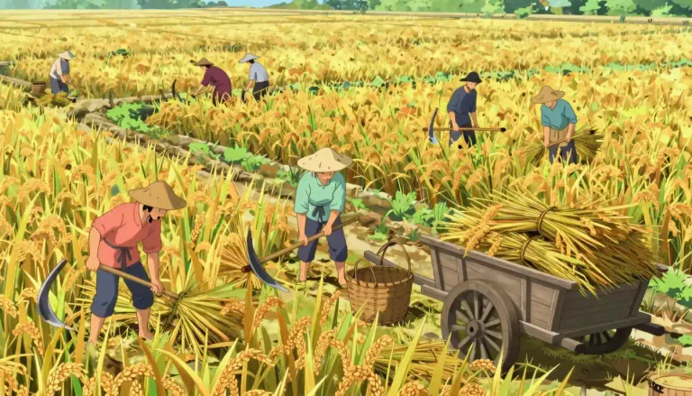 Visual representation of "harvest" - The collection of crops from the fields