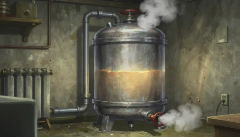 Visual representation of "boiler" - A large container where water is heated to produce steam or hot water for heating a building.