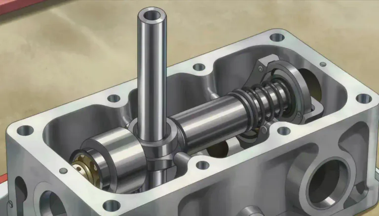 Visual representation of "pushrod" - A pushrod is a metal rod in an engine that pushes a valve open and closes it when activated by a camshaft.