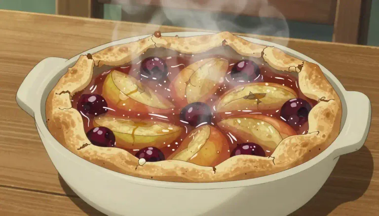 Visual representation of "pandowdy" - A dessert made of fruit, sugar, spices, and dough, often baked.