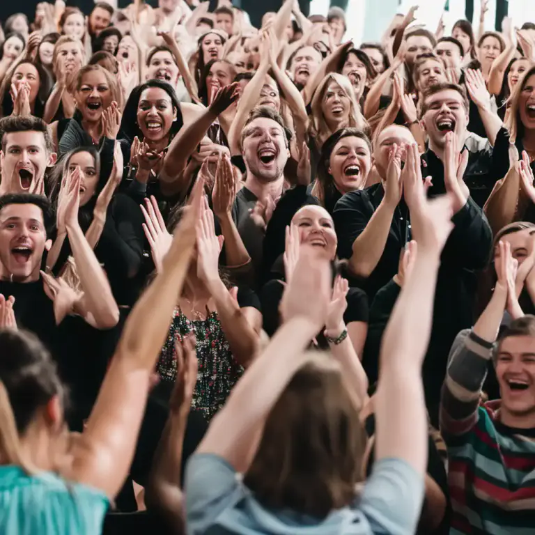 Visual representation of "clap" - To hit your hands together to make a noise, usually to show approval or enjoyment