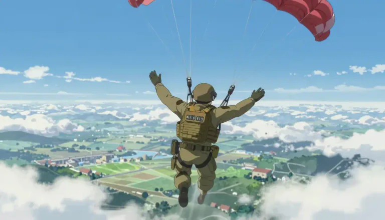Visual representation of "paratrooper" - A soldier who is trained to jump out of a plane using a parachute.