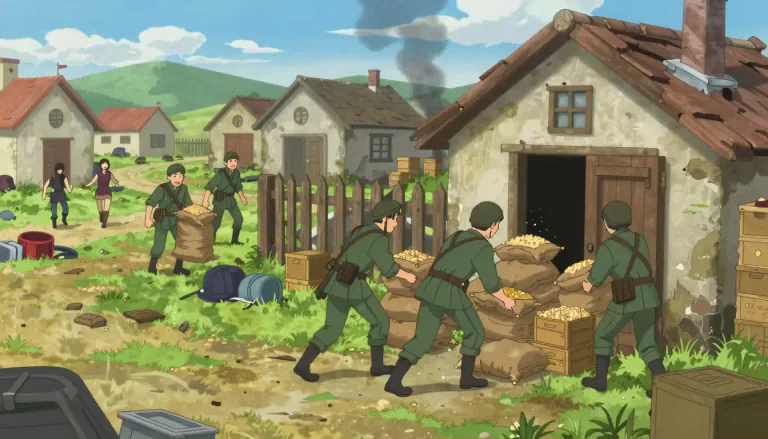 Visual representation of "plunder" - To steal goods from a place or a person by using violence, especially during war or times of unrest.