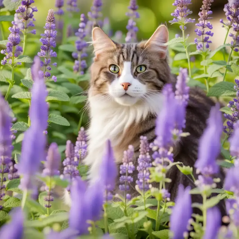 Visual representation of "catmint" - A type of plant with purple flowers that cats really like.