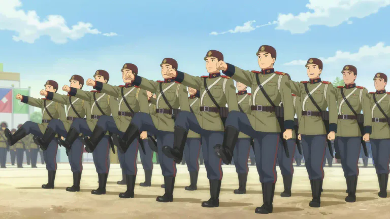 Visual representation of "goose-step" - A type of military marching with the legs straight and swinging high