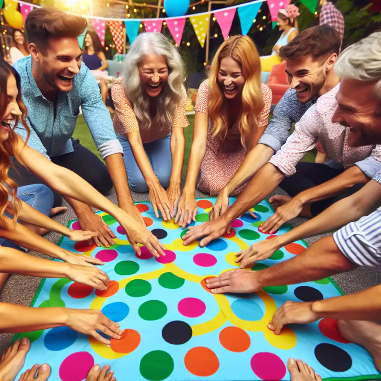 Visual representation of "twister" - A game played on a large plastic mat, where people use their bodies to reach different colored spots.