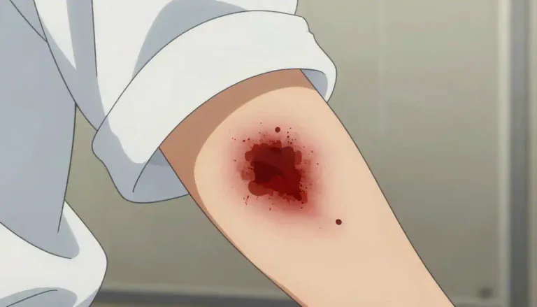 Visual representation of "bloodstain" - A visible mark made by blood, often on clothing or skin, typically signifying injury or as a result of a medical occurrence.