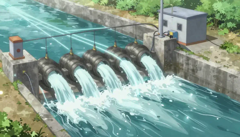 Visual representation of "hydroelectric" - Relating to the generation of electricity using flowing water.