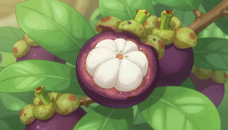 Visual representation of "mangosteen" - A small tropical tree with edible fruit that has thick rind and juicy white flesh.