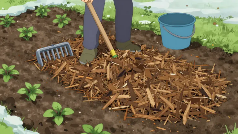 Visual representation of "mulch" - To cover (a surface or area) with mulch.