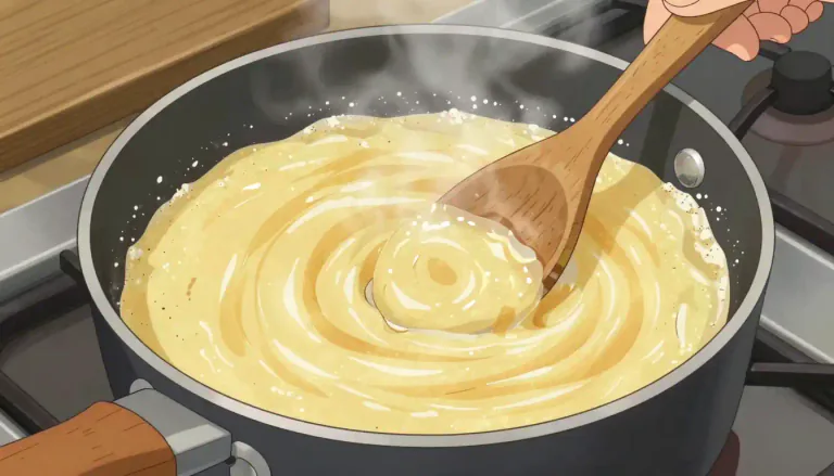Visual representation of "roux" - A mixture made from fat and flour, used in cooking to make sauces thicker.
